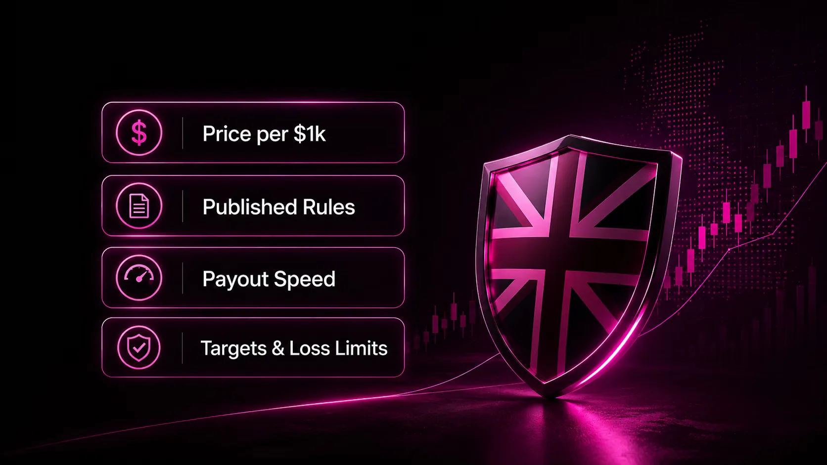Key factors for comparing UK prop firms: price per $1k, published rules, payout speed, and targets and loss limits
